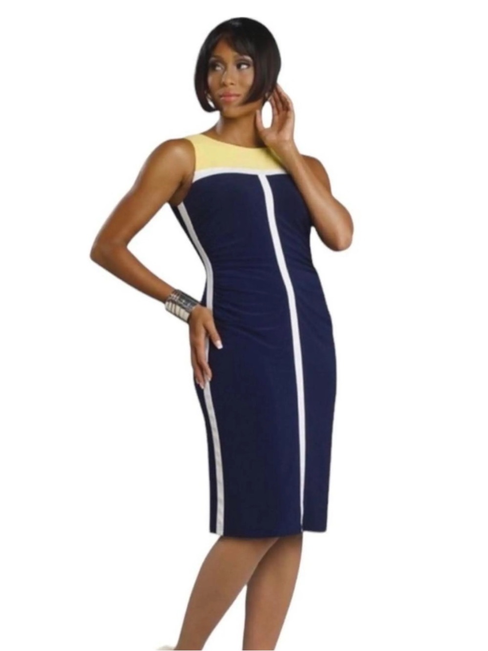 Lauren Ralph Lauren Yellow, Black and White Colorblock Midi Sheath Dress